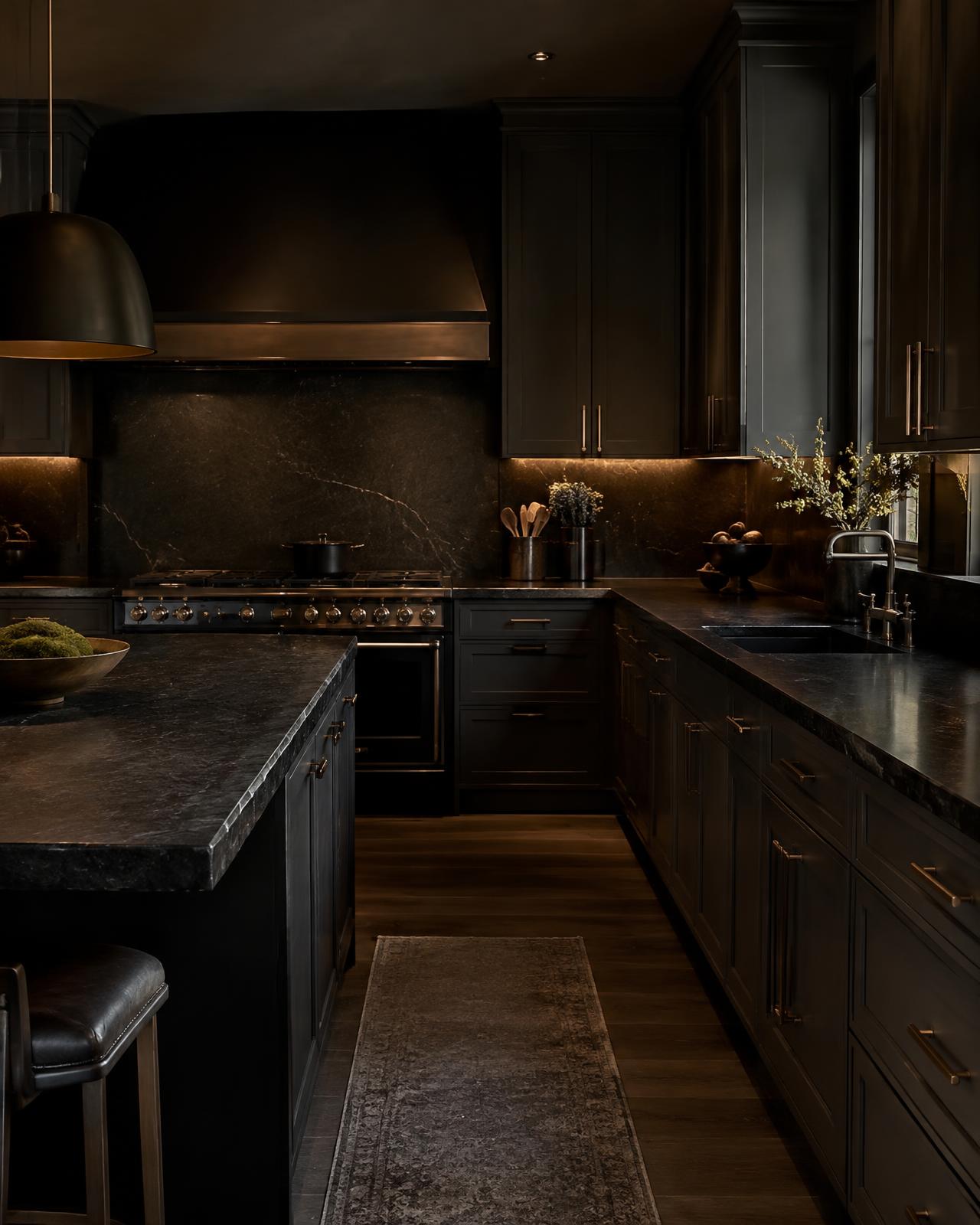 Moody kitchen with leathered dark stone