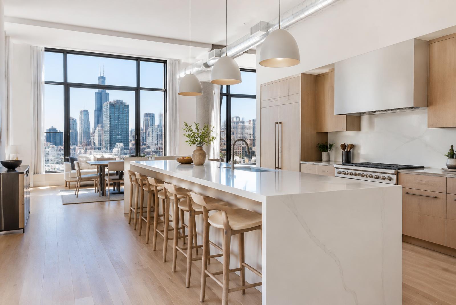 City loft with a long waterfall island